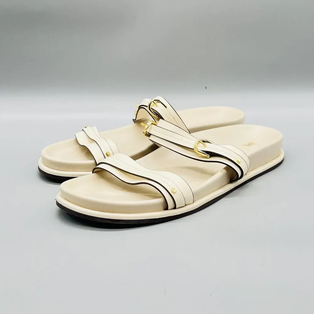 Zara Sandals Womens 9 Off White Synthetic Strappy Buckle Slide Flat Shoes